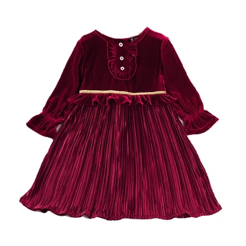 2020 Baby Girl Dress High-Pás Midi Velet Dlhý Rukáv Volánikmi Kolo Golier Princezná Skladaný Klesnúť Späť Na Zips Teplé Sukne