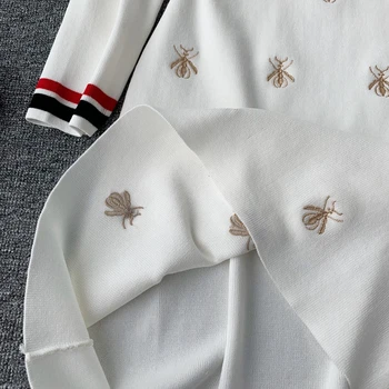 Bee Výšivky Polo Shirt Dress Pletenie Dress-Krátke rukávy Štýlové Módne Vyšívané Vestido Elegantný Sveter Mini Šaty Casua
