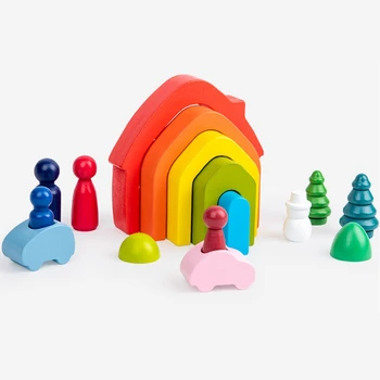 Drevené Bloky Rainbow Stacker Hračky pre Deti, Tvorivé Dúhový Dom, Stavebné Bloky, Vzdelávacie Hračky pre Deti,