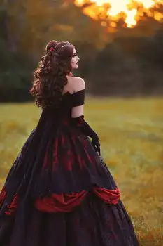 Gotický Belle Červená Čierna Čipka Svadobné Šaty Vintage Krajky-up Korzet Steampunk Šípková Ruženka Mimo Ramenný Plus Veľkosť Svadobné Šaty