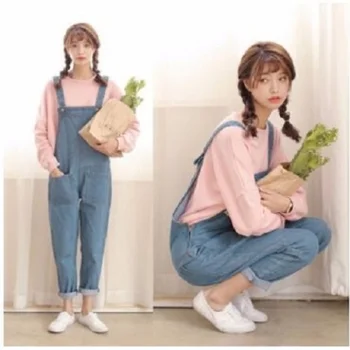 Bib jar a na jeseň žena voľné 2020 nový príliv kórejských študentov bf Harajuku Harlan denim náprsníkové nohavice deväť bodov nohavice