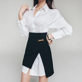 Nový príchod módne kórejský nastaviť ženy jar bežné OL temperament biela single-breasted šaty a čierne mini sukne dve dielna sada