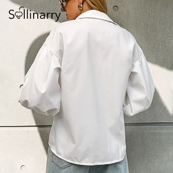 Sollinarry Svietidla rukáv nadrozmerná biela blúzka ženy Office zase dole golier lady bežné tričko Jar high street poaket tričko
