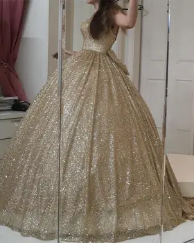 Dlho Trblietavý Lesk Zlata Večerné Šaty 2020 S Roztomilý Čela Opuchnuté Guľové Šaty Milú Bling Bling Prom Šaty Vestido Formatura