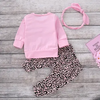 2019 Nové Dieťa Novorodenca Dievča Dlhý Rukáv List Vytlačené T-shirt Top Leopard Nohavice hlavový most Oblečenie Oblečenie Set 3ks