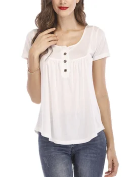 Letné Bežné dámskej Módy Skladaný Tlačidlo T-Voľné tričko-Krátke rukávy T-shirt Kolo Krku Farbou Top S~5XL