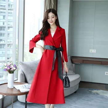 2019 Jar jeseň elegantné zákopy srsti ženy dlho windbreaker Krídla Tenký kabát ženskej módy Black Red výkopu Plus veľkosť G410