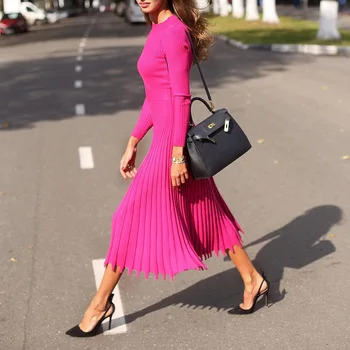 Vrásky Strany Skladaný Sveter Šaty Žien Pletené Slim Midi Vestido 2019 Zimné Jeseň Pevné Ružové Plus Veľkosť Základné Šaty