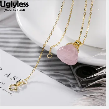 Uglyless Reálne 925 Sterling Silver Ručné Crystal Lotus Prívesky pre Ženy Prírody Ružové Kamene, Náhrdelníky Č Reťazca Bijoux