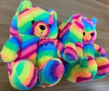 Nový Plyšový Medvedík Roztomilý Rainbow Cartoon Medveď Vnútorné Papuče Non-Slip Stlmiť Spálňa Office Mäkké Teplé Zimné Jeseň Hot Predaj