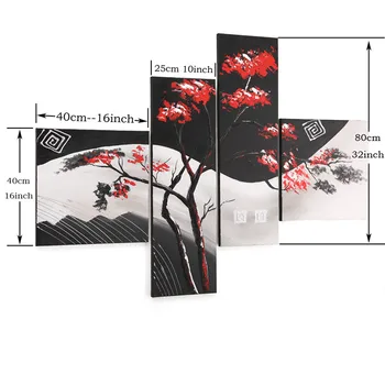 Bez rámu 4Panel Červené Listy Stromu Čierna Biela Pop Art Handmade Abstraktné olejomaľba na Plátno na Stenu Obrázok, Plagát Domova
