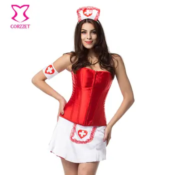 Červená / Biela Dospelých Zdravotná Sestra Kostýmy Plus Veľkosť Sexy Ozdobný Korzet, Šaty Halloween Kostýmy Pre Ženy Cosplay Lekár Hra Deguisement