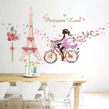 Dievča, Jazda Na Bicykli, Kvety, Motýľ V Paríži Eiffe Veža Wall Art Nálepka Pre Dievčenské Izba Domáce Dekorácie Diy Deti Obtlačky