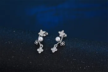 TJP Nové Módne 925 Sterling Silver Šperky Pre Ženy Šperky Kúzlo Crystal Pearl Flower Stud Náušnice Pre fenku Vianoce